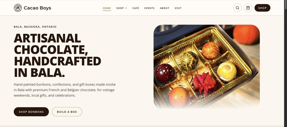 The Cacao Boys homepage after the rebuild, showing the artisanal chocolate headline and a gift box photograph